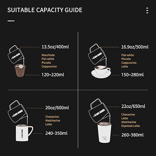 Miniatura 7 de MHW-3BOMBER Jarra vaporizadora de café expreso, jarra de espuma de leche, acero inoxidable, café con leche, capuchino, latte, arte barista, 22