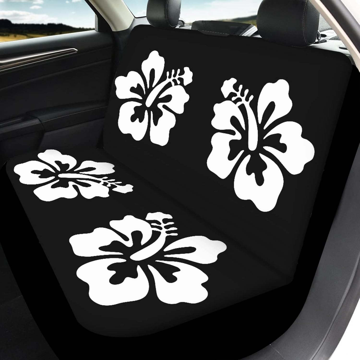 Foruidea Car Seat Cover Full Set White Hibiscus Flower Car Seat Covers for Car Auto Seats Protector Front and Rear Bench Seats Fit Most Cars,SUV,Sedan,Trucks