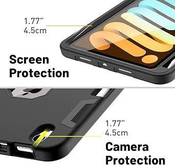 AICase iPad mini 6 (2021) with Screen Protector, Kickstand Shockproof Heavy Duty Resistant Rugged Hybrid Three Layer Full Body Protection Case with Stylus (Black)