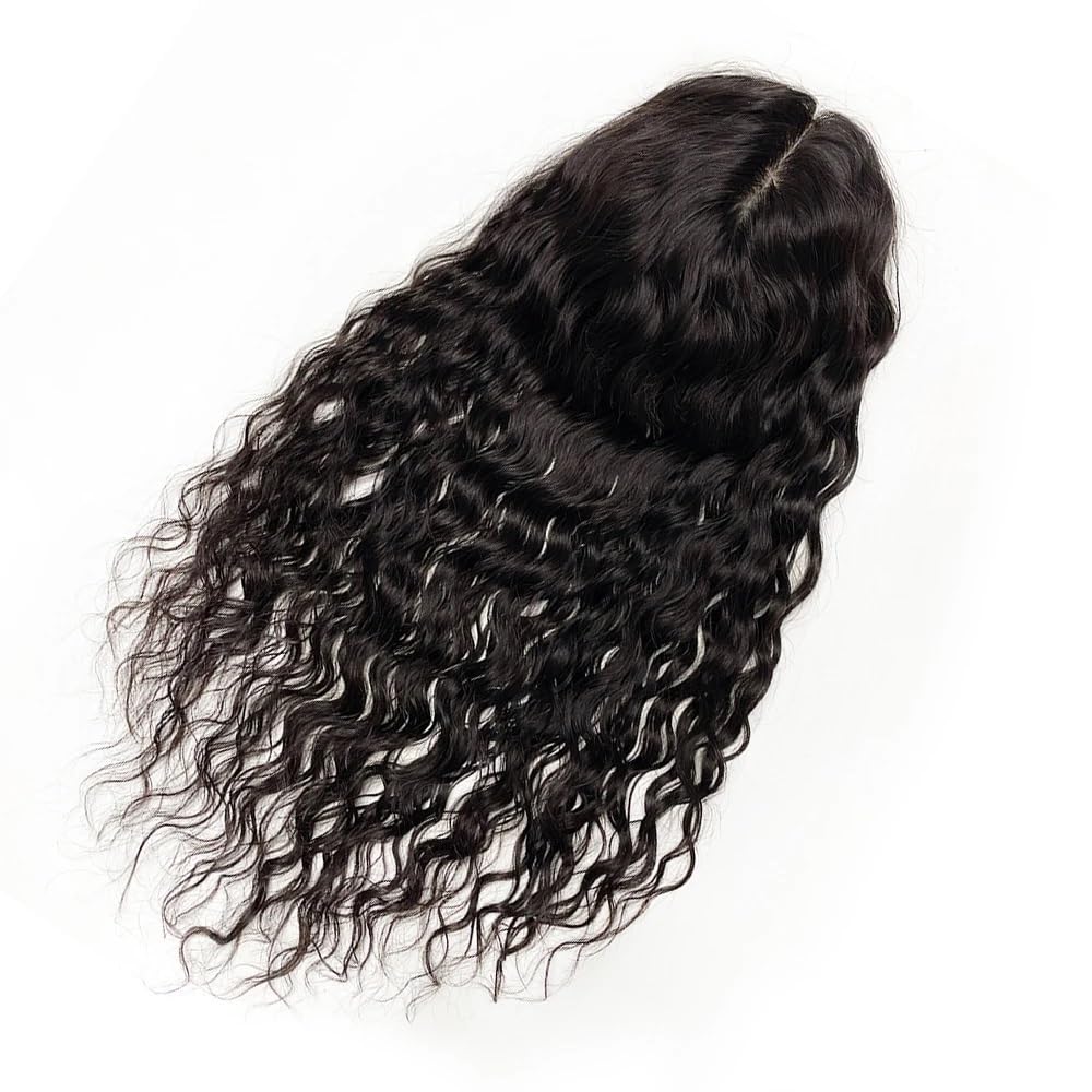 Haarteile for Frauen, natürliches Schwarz, 14 x 16 cm, Seidenbasis, Echthaar, gewellte Perücken mit Clips(12 inch)