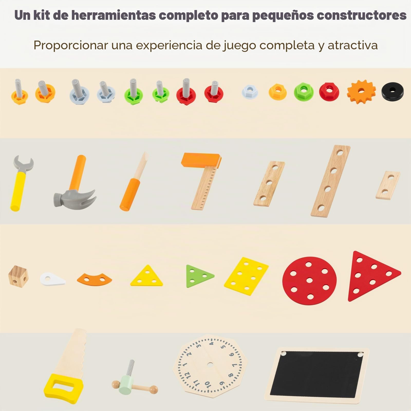HOMASIS Banco Herramientas de Madera Juguete, Taller Mecanico Montessori con Juego de Herramientas y Espacio de Almacenamiento, Regalo Manualidades y Educativo para Niños y Niñas de 3+ Años