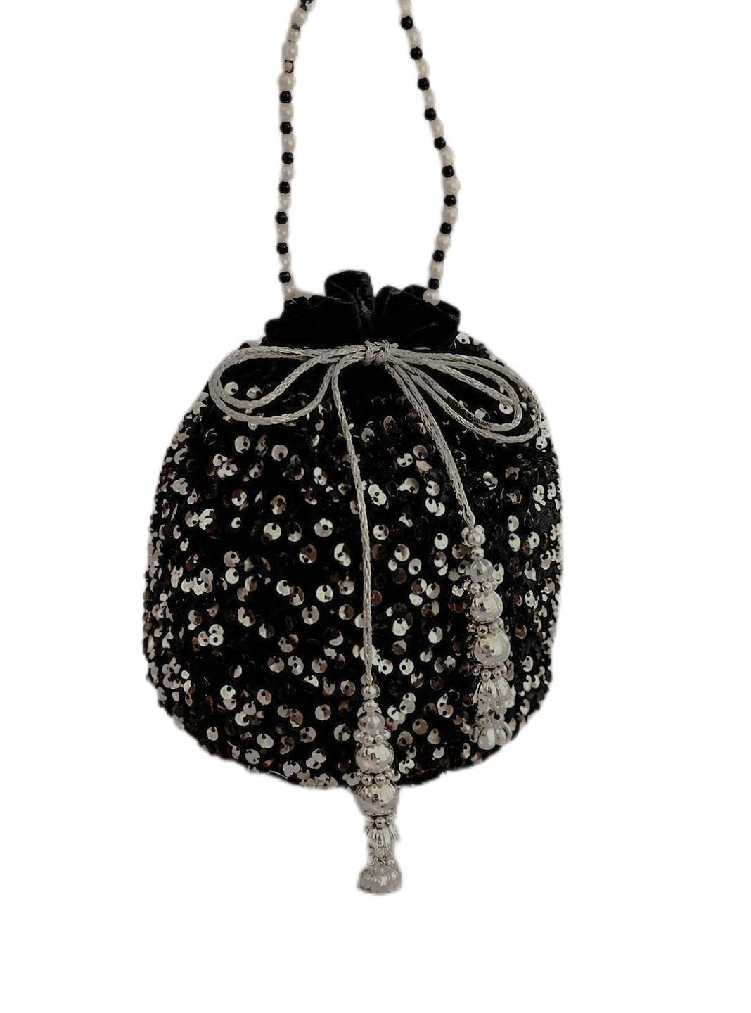 Black Sequin Potli Bag with Pearl Handle-image-38