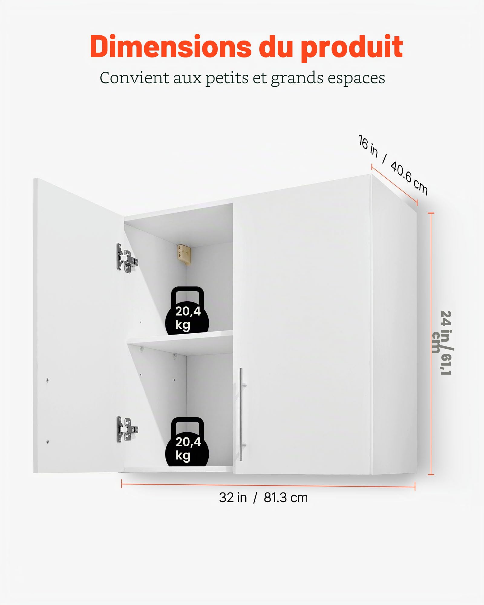 VEVOR Armoire Murale de buanderie à 2 Niveaux, Placard de Rangement Suspendu avec étagère réglable, Meuble de Rangement avec 2 Portes, pour Cuisine, Garage, Salle de Bain, 40,6 x 81,3 x 61 cm, Blanc