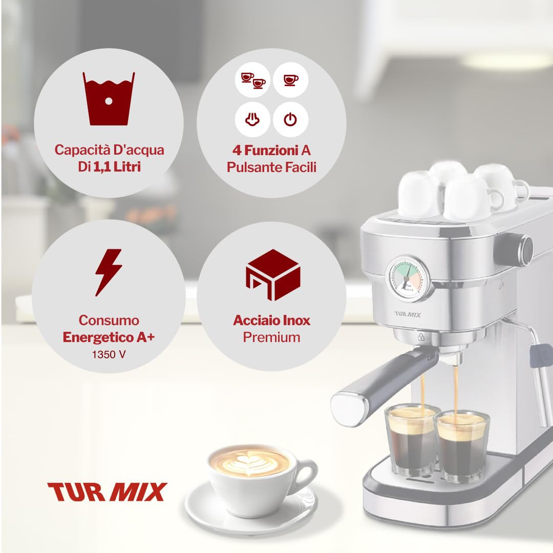 Turmix TX 590 - Macchina per caffè espresso in acciaio inox, 20 bar con montalatte, larghezza 17 cm, serbatoio acqua 1,1 l, superficie di appoggio riscaldata