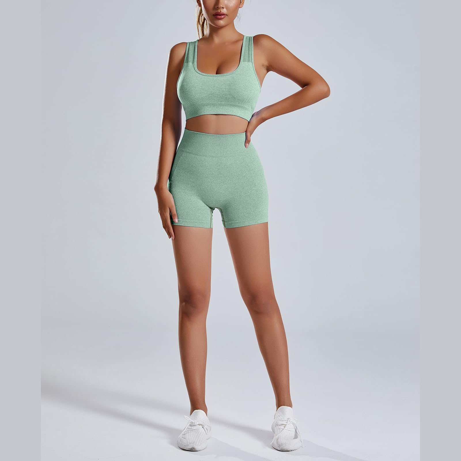 Conjuntos de Entrenamiento para Mujer 2 Piezas Top de Manga Corto + Leggings de Cintura Alta Conjunto de Yoga sin Costuras Trajes de Ropa Deportiva para Mujer