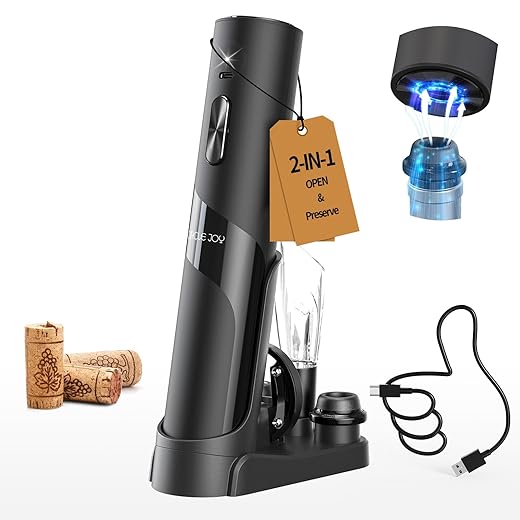 CIRCLE JOY Rechargeable Wine Opener Electric Wine Bottle Opener 7-in-1 Wine Gift Set with Electric Vacuum Pump, Charging Station, Foil Cutter, Wine Aerator Pourer and 2 Wine Stoppers