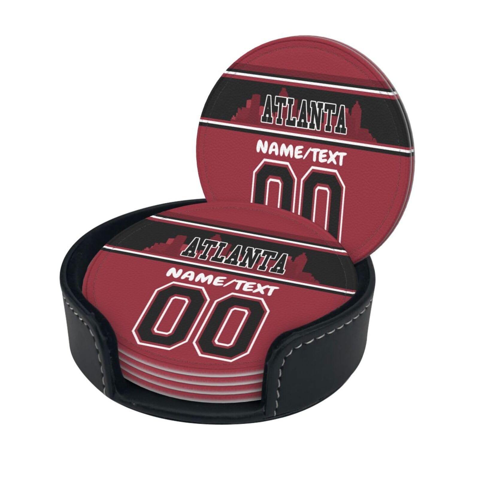 Atlanta Coasters Custom Football Style Coasters，Personalized Leather Coaster with Name/Number,Drink Cup Coaster Set with Holder，Cup Pad Mat for