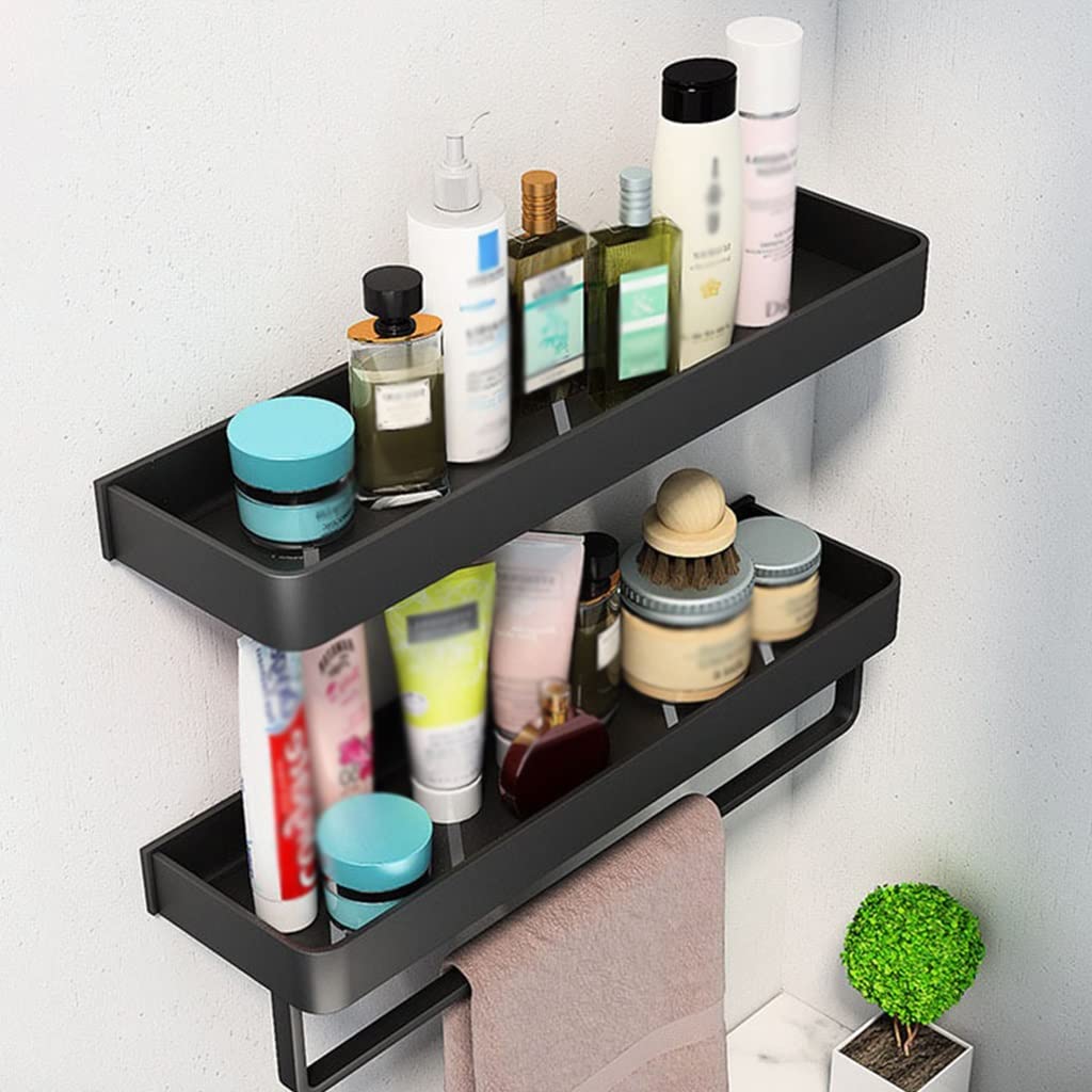 Estantes de baño exquisitos Estante de baño de pared, Estante de esquina de baño de aluminio negro, Organizador de ducha montado en la pared sin perforaciones con toallero (Color : 40cm with rod)