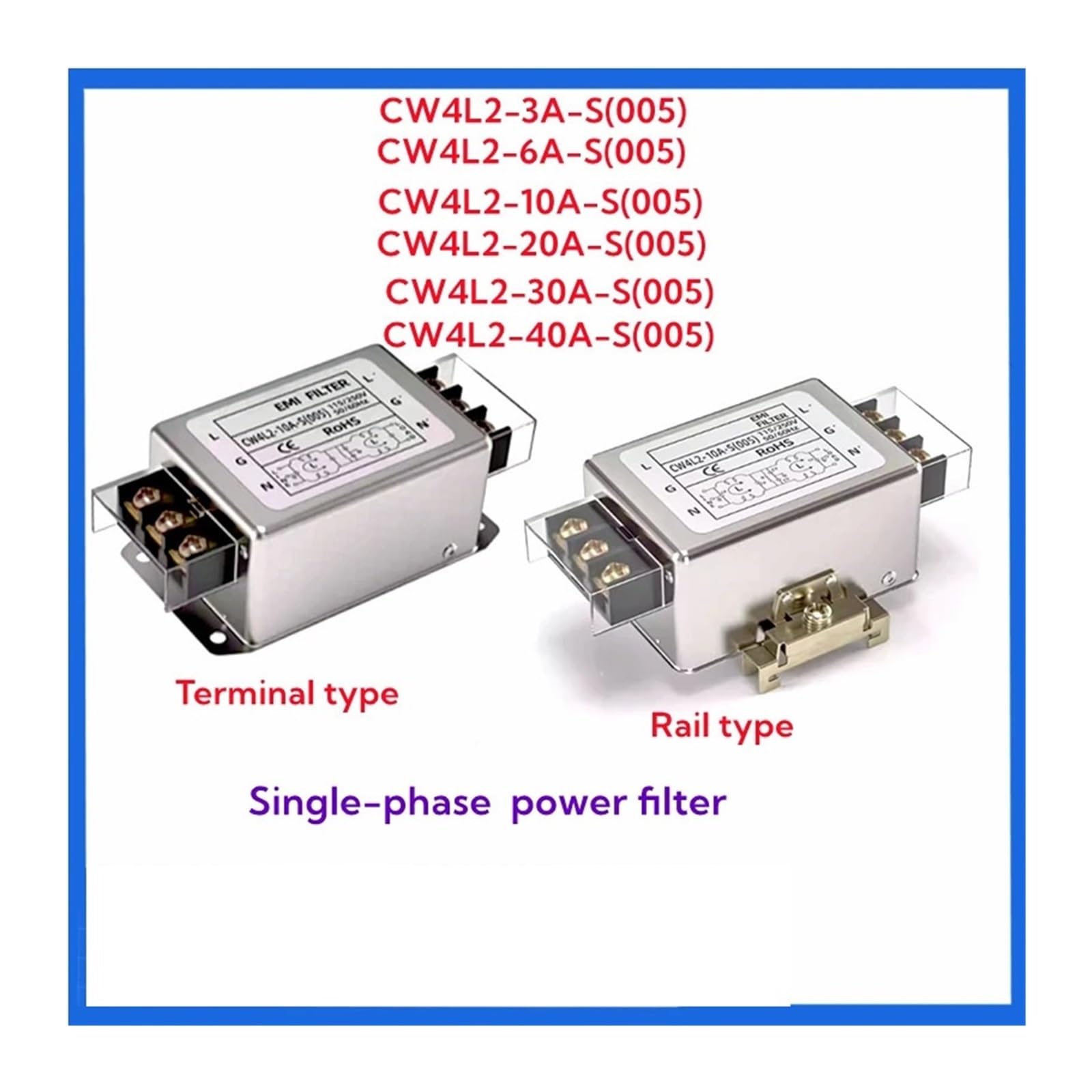 1 pz CW4l2-S (005) Filtro di Potenza monofase da 3 A a 40 A CW4L2 Morsettiera Guida bipolare Alimentazione 220 V Anti-interferenza(CW4L2-40A-S(005))