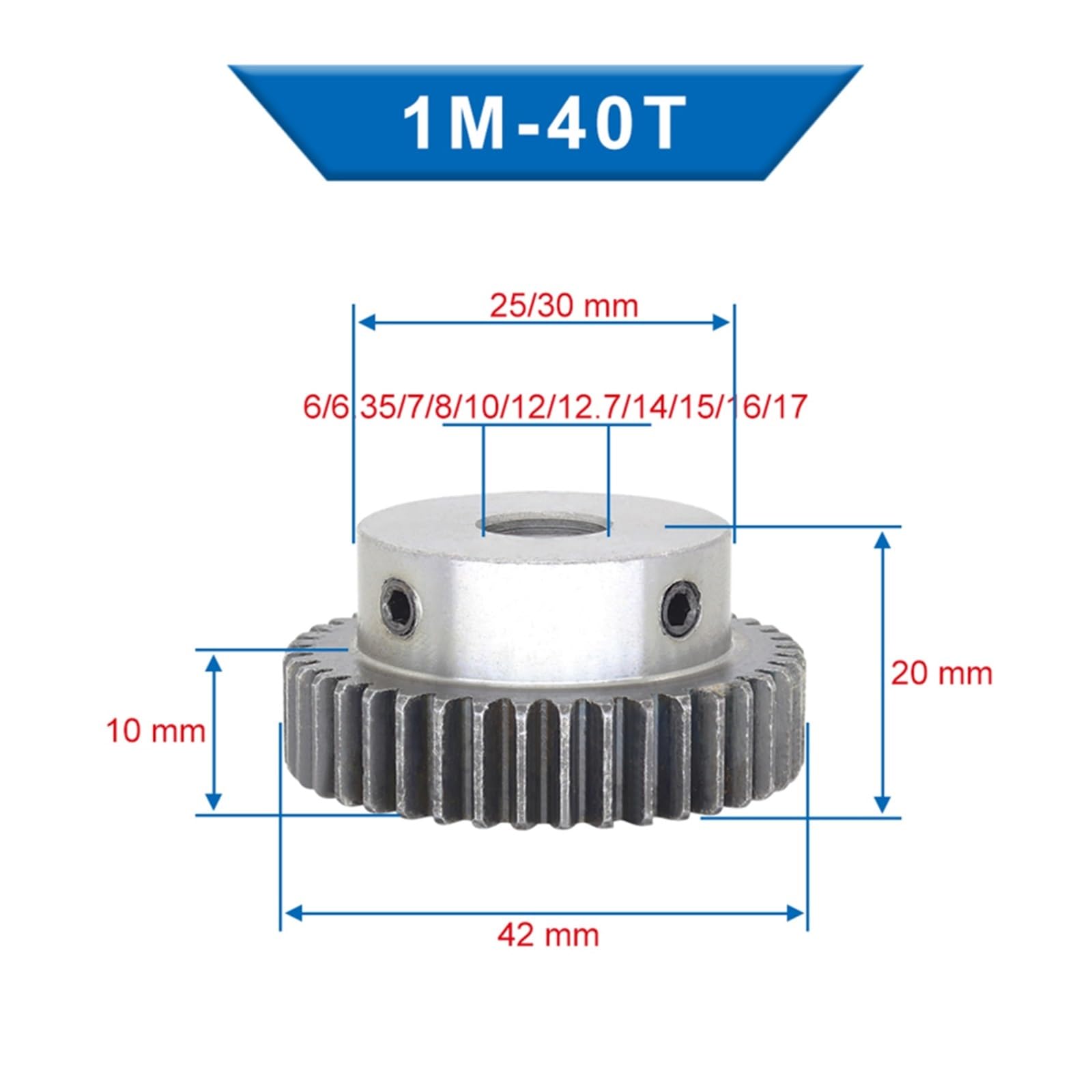 Bevel Gear Pinion Hardware Mechanical 1pcs 1M40T Spur Gear Bore 6/6.35/7/8/10 /12/12.7/14/15/16/17/20mm Motor Gear Low Carbon Steel Material Metal Gear for Motor(1M40T-Bore 16x5x2.3)