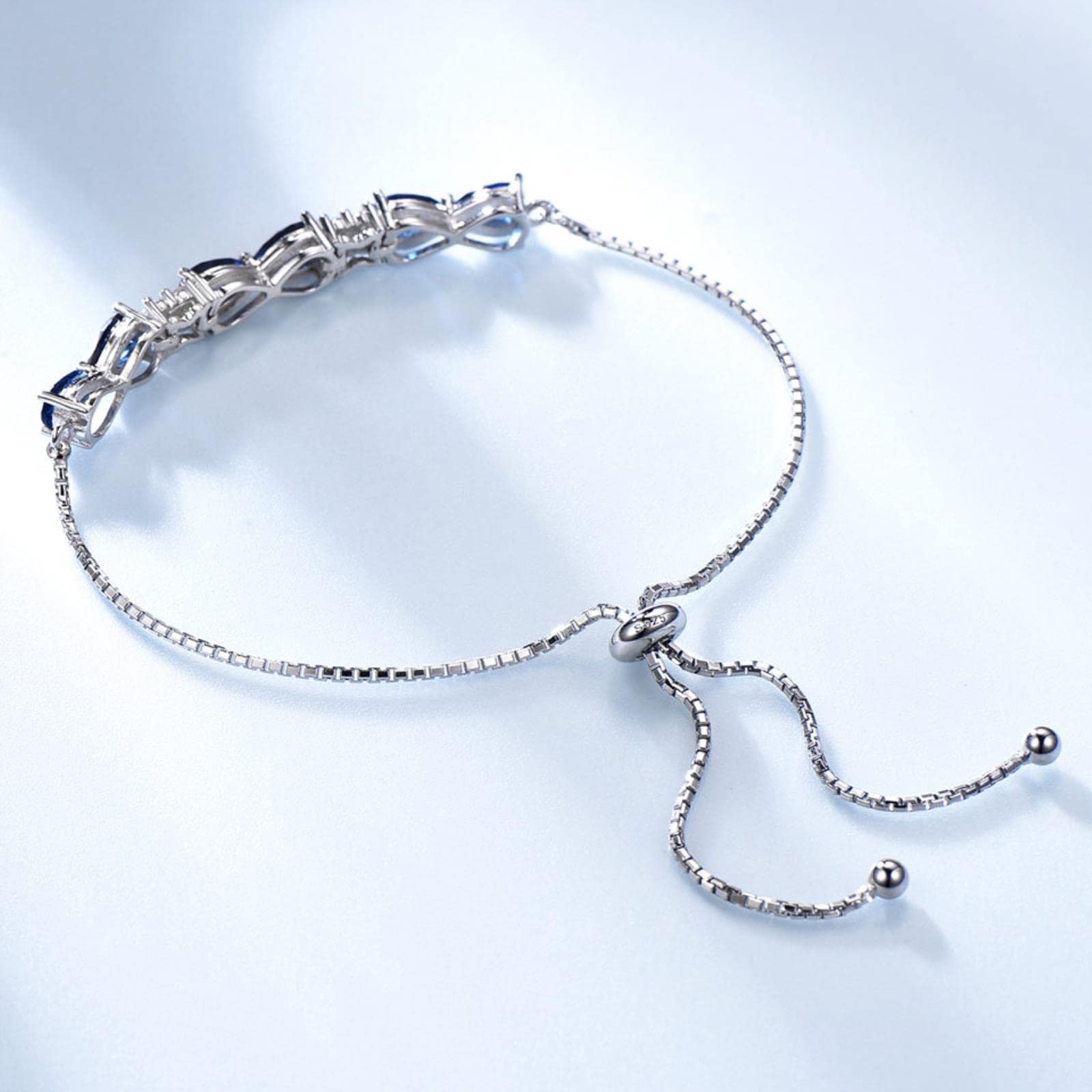 DAOMEI Pulseras De Plata De Ley 925 Auténtica Sólida, Pulseras De Zafiro Azul Creadas Con Triángulo De Expansión Gratuita Para Regalos De Mujer