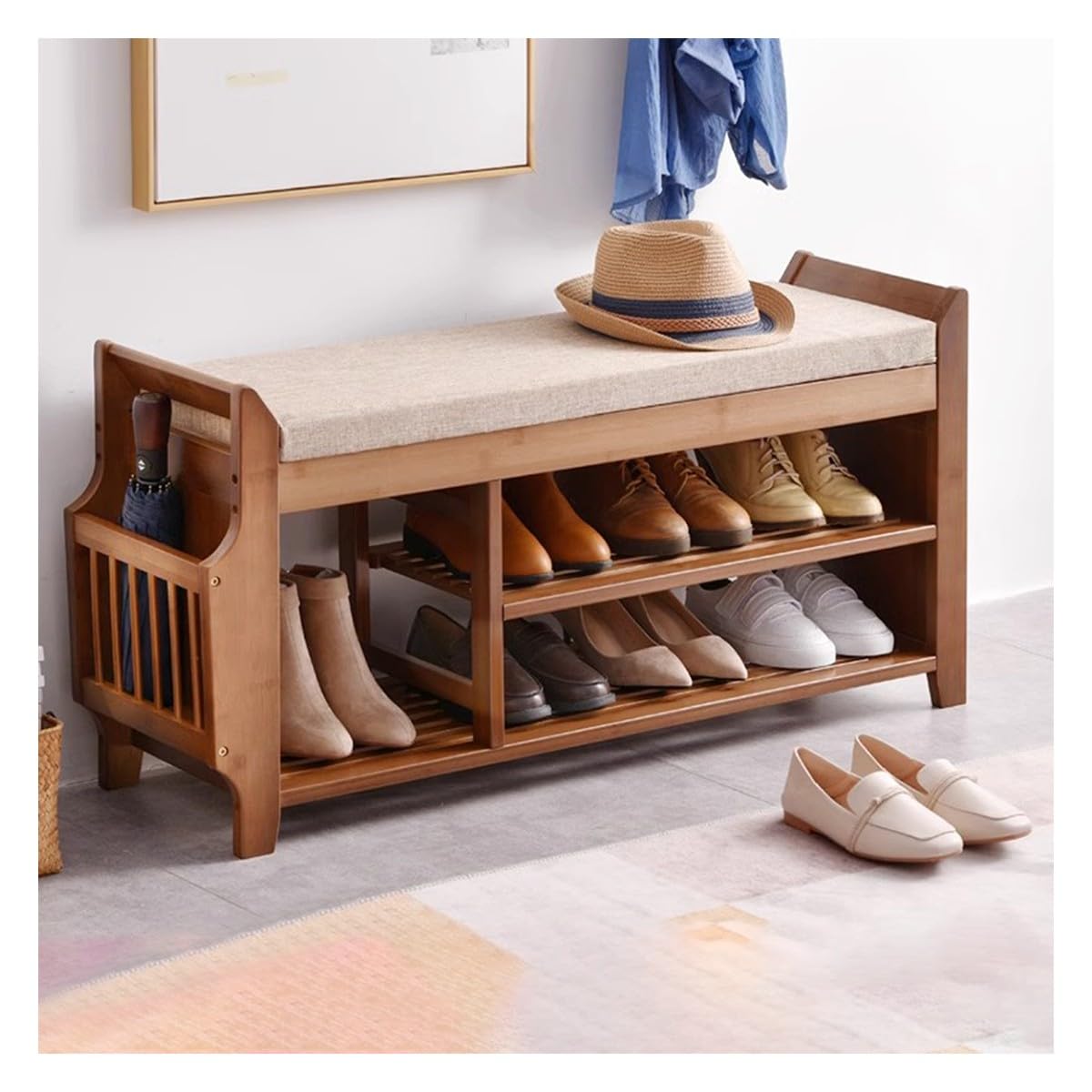 Banc à chaussures en bois avec assise rembourrée – 2 niveaux avec étagères réglables – Slish Sto pour couloir, chambre à coucher, salon – 100 cm x 30 cm x 50 cm