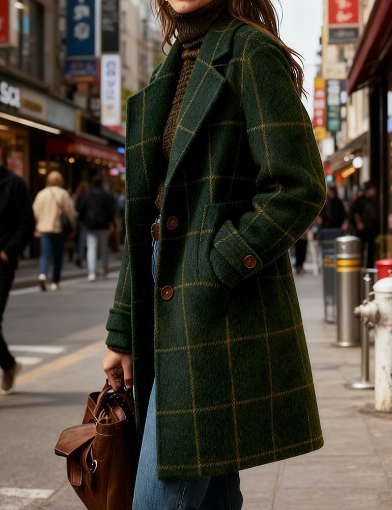 Kinghua Plaid Wool Coats for Women Fall Winter Casual Checkered Long Dress Blazer Jackets Trench Coats Peacoats