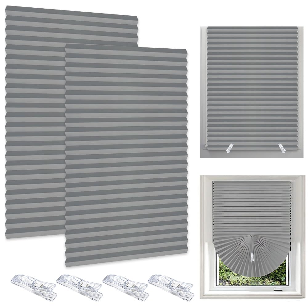 2 Pcs Temporary Blinds, No Drill Blinds for Windows, Self Adhesive Blinds with 4 Clips, Easy to Cut and Fit, Semi-Blackout Pleated Shades For Windows, Doors, Kitchen, Bathroom, Bedroom (Gray,60*150cm)