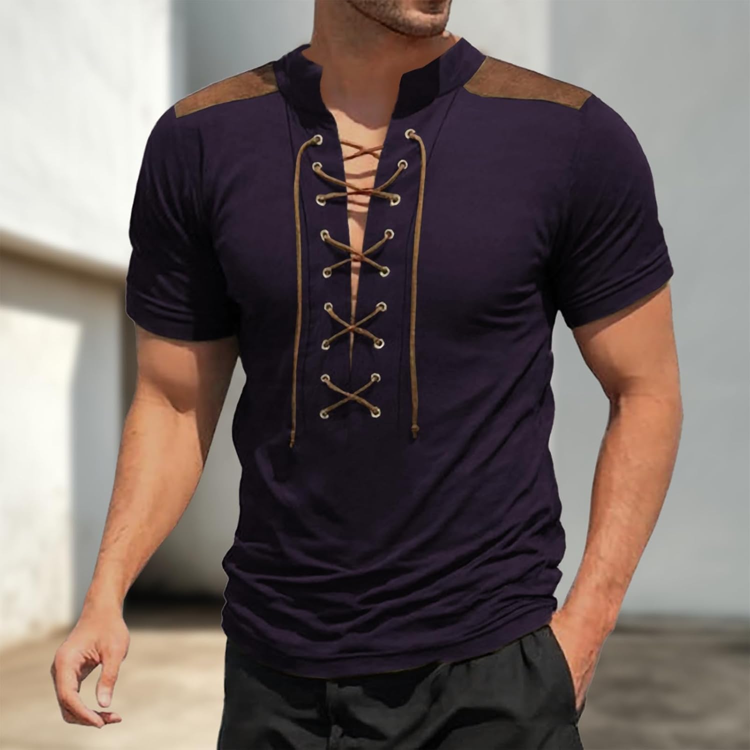 Mens T Shirts Vintage Drawstring Neckline Summer Tops Slimming Fit Lightweight Comfort Breathable Casual Tees - Image 2