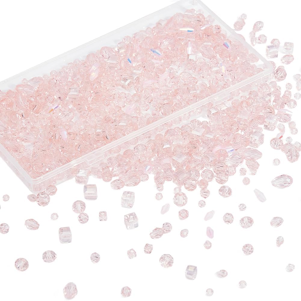 1 Box 820Pcs Pink Bicone Crystal Beads Glass Faucet Beads Faceted Transparent Glass Round Rondelle Teardrop Cube Small Loose Smooth Spacers Findings for Jewelry Necklaces Bracelets DIY Crafts