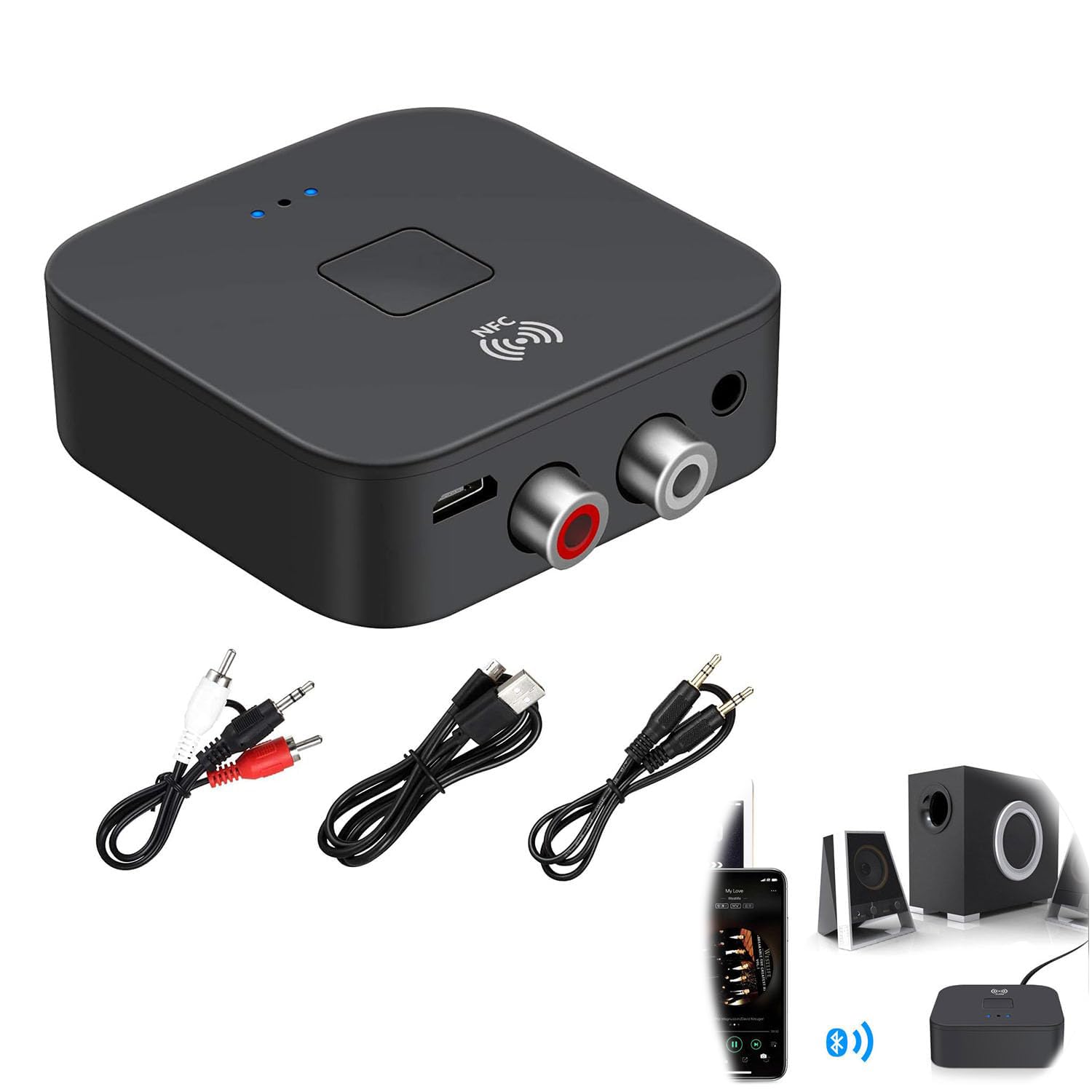 X spring Bluetooth 5.0 Audio Receiver Adapter, Car and Home Stereo Theater Systems, NFC Wireless Bluetooth Extender, 3.5Mm AUX or RCA Input Speaker, Bluetooth Audio Adapter for Music Streaming