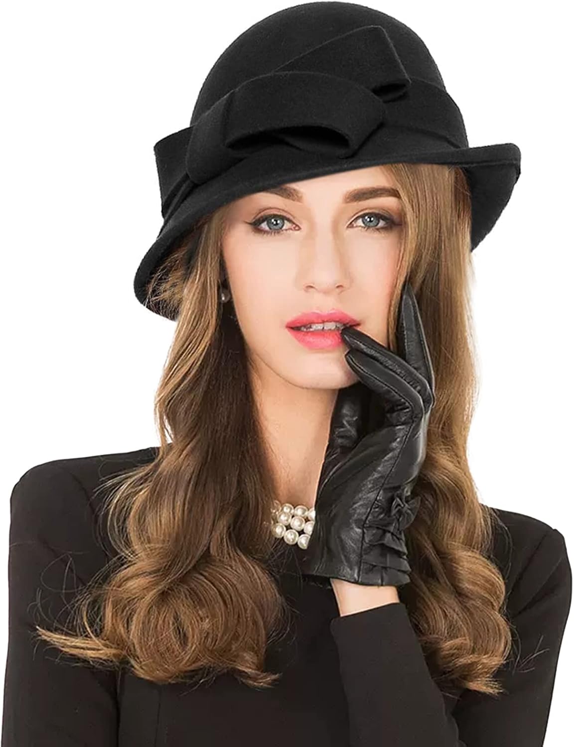 Z&X Women Winter Wool Felt Cloche Bucket Hat 1920s Vintage Gatsby Hat Elegant Bow Church Wedding Hat