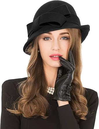 Z&X Women Winter Wool Felt Cloche Bucket Hat 1920s Vintage Gatsby Hat Elegant Bow Church Wedding Hat
