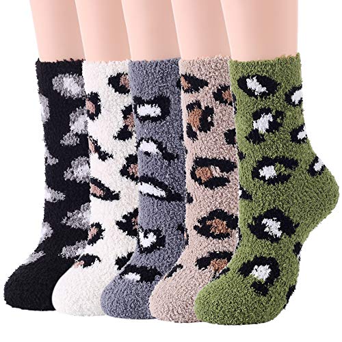 Zando Women Fuzzy Socks Super Soft Slipper Socks Winter Cozy Socks Warm Fuzzy Socks Comfy Fluffy Socks Indoor Plush Socks Home Fleece Socks Sleep Crew Socks 5 Pairs Print Leopard One Size