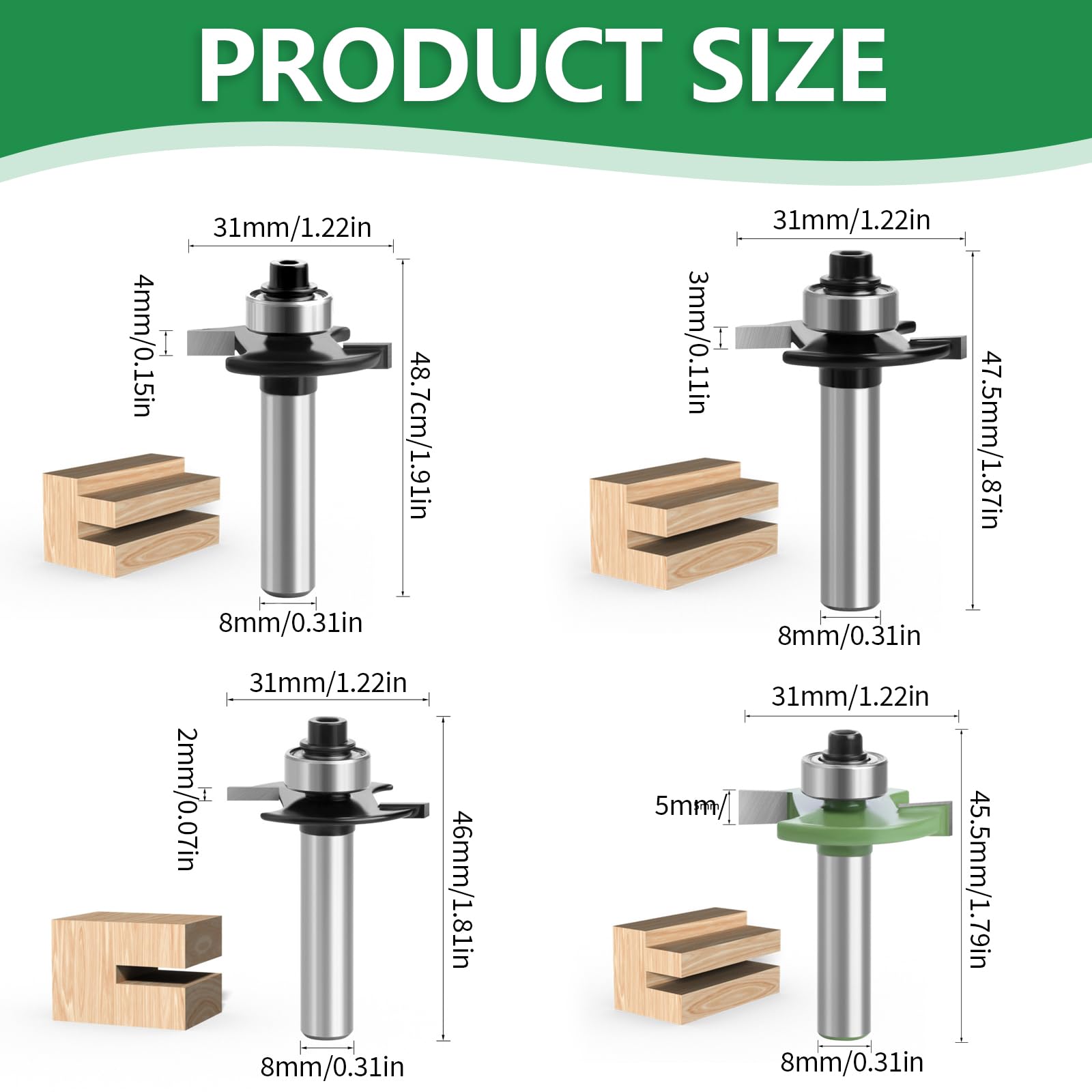 Set di frese per fresatrice, 4 frese a disco per fresatrice con scanalatura da 8 mm, set di frese con albero da 8 mm, frese con molla, set di utensili per la lavorazione del legno con cuscinetti a