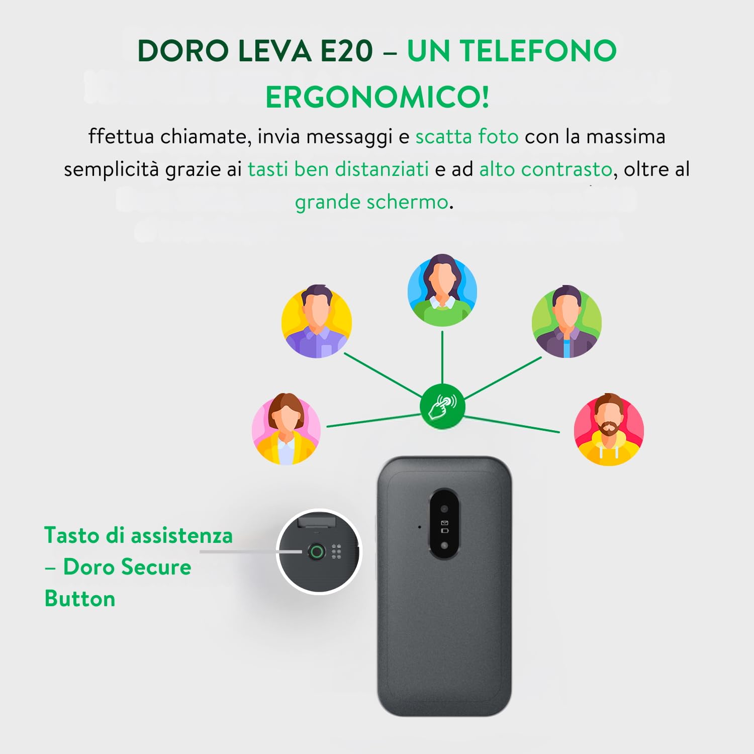 Doro - Leva E20 4G Flip Phone per anziani - Ampio display da 2,8", tasti ad alto contrasto, suono forte e chiaro, voce HD, fotocamera, pulsante assistenza - nero