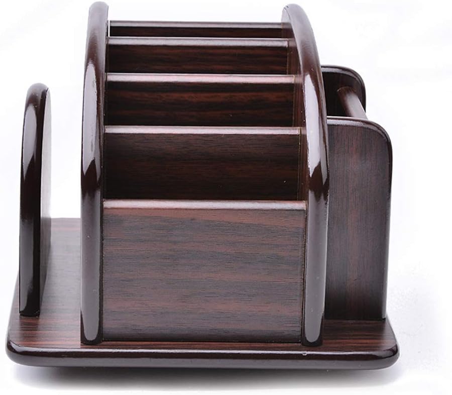 YCOCO Wooden Remote Control Holder,TV Remote Holder for Table,360°Rotatable Office Supplies Storage Organizer,6 Compartments Pencil Holder for Desk,Brown