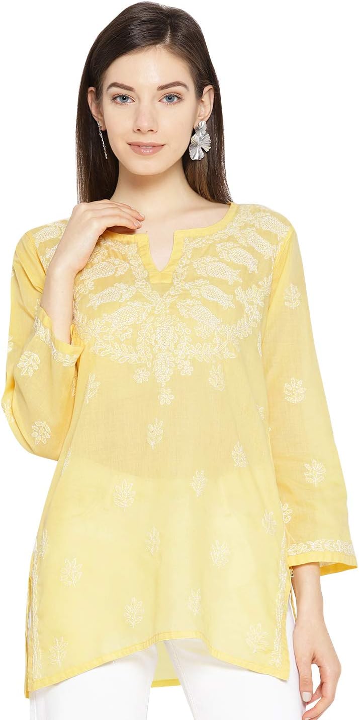 Ada Hand Embroidered Indian Chikankari Straight Cotton Tunic Top Kurti Shirt for Women A509732 (Yellow, 3X-Large)
