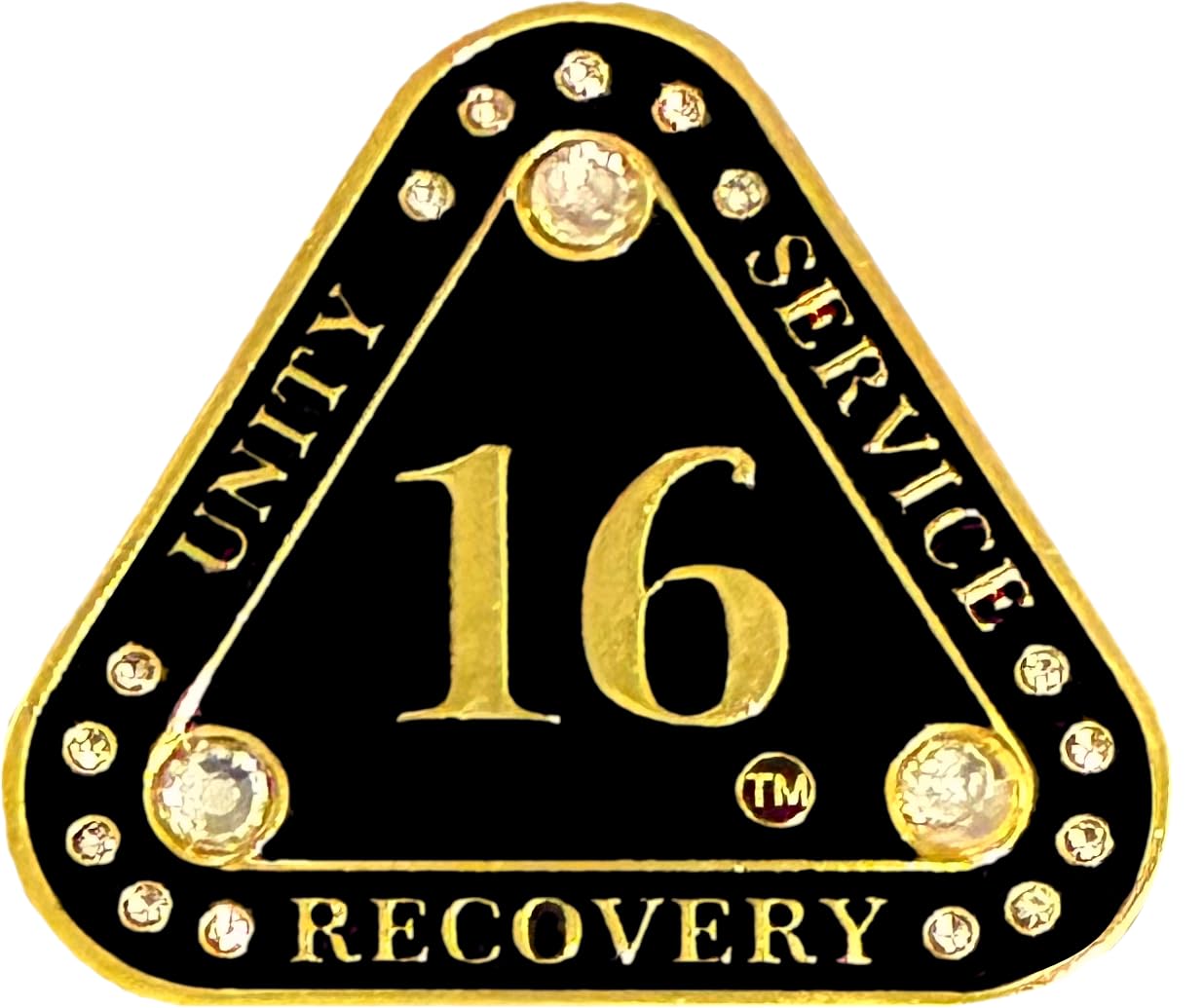 (1-55 Years) AA 16-Year "Midnight Crystals" Triangle Coin - Alcoholics Anonymous Medallion, AA Sobriety Medallion, Triangular Sobriety Chip, Clear Crystals, Golden, Black Rainbow Glitter