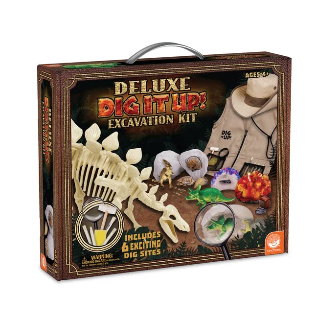 Dig It Up! Deluxe Excavation Kit - Discover Gems, Fossils, Dinosaurs and a Skeleton to Build - Dig 8 Treasures Including Explorer Vest and Hat - For Ages 4+