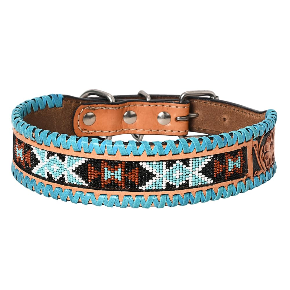 HILASON Western Genuine Leather Heavy Duty Dog Collar Geometry Design Studed Beeds | for Dogs Comfortable