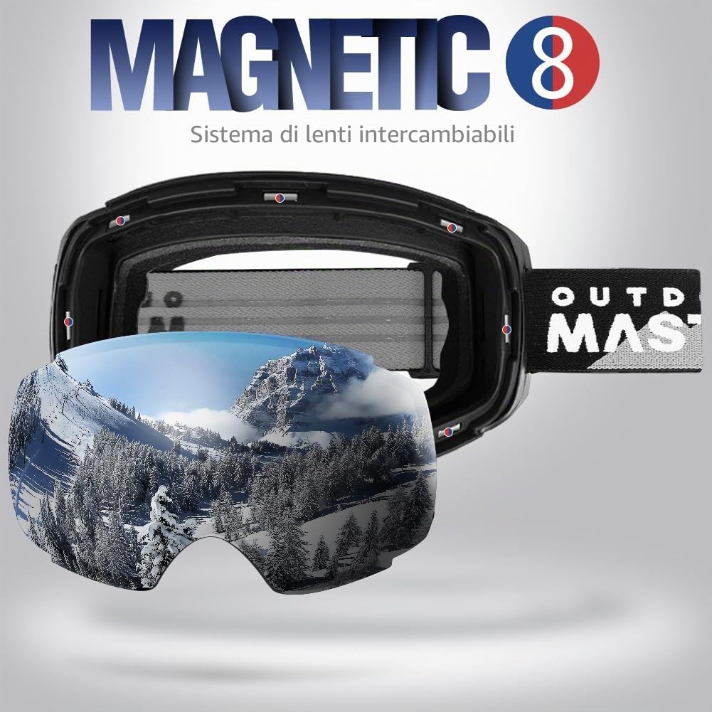 OutdoorMaster Maschera da Sci PRO, Senza cornice, Lenti intercambiabili Occhiali da Sci Snowboard, Protezione UV400 Maschera Sci da Donna&Uomo