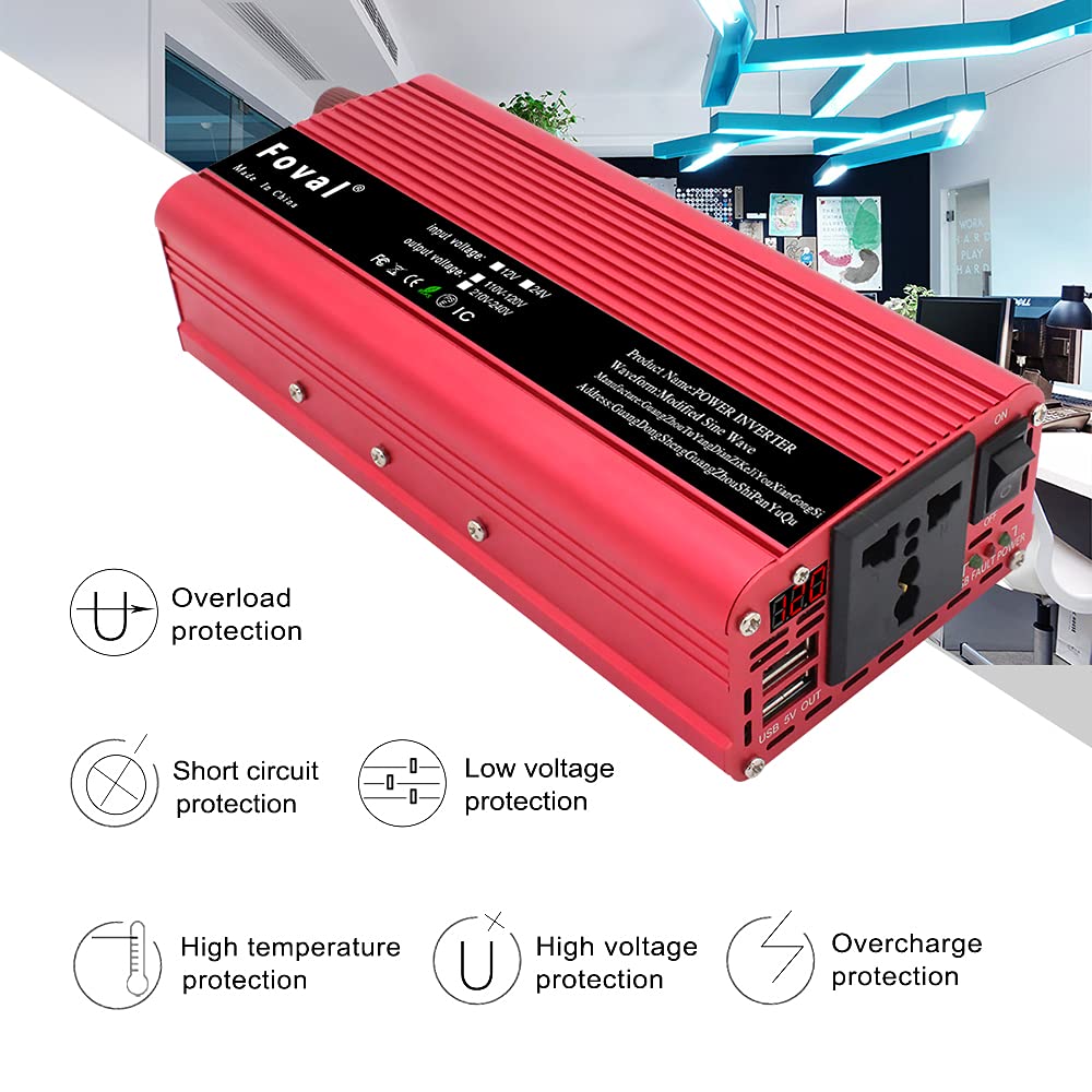 Inversor 12v 220v,Convertidor 12v 220v Coche Solar Boost Power Inverter 12V a 220V 1500W 2000W 2600W Adaptador de Cargador de Accesorios de Auto 4.8A Convertidor de Cargador 4USB(2600W)