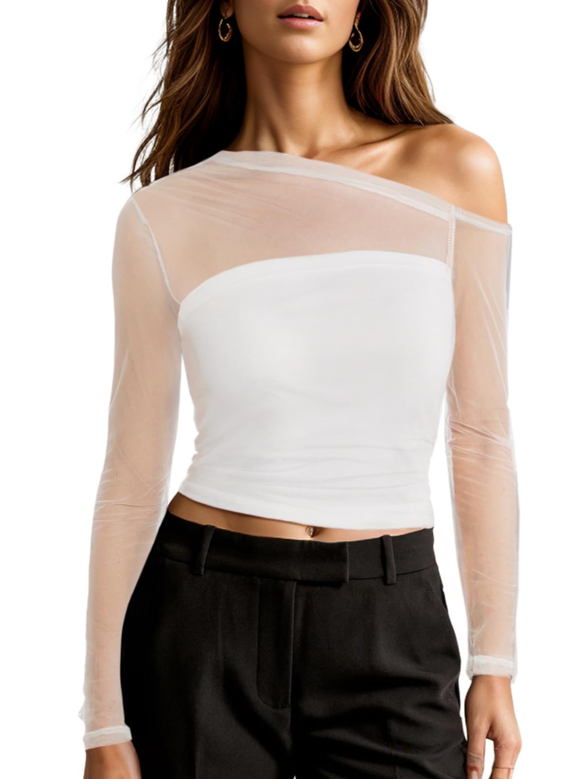 FIGKICKSEN Off The Shoulder Mesh Tops for Women Long Sleeve Asymmetrical Ruched Sheer Tube Crop Top Going Out Tee Tops
