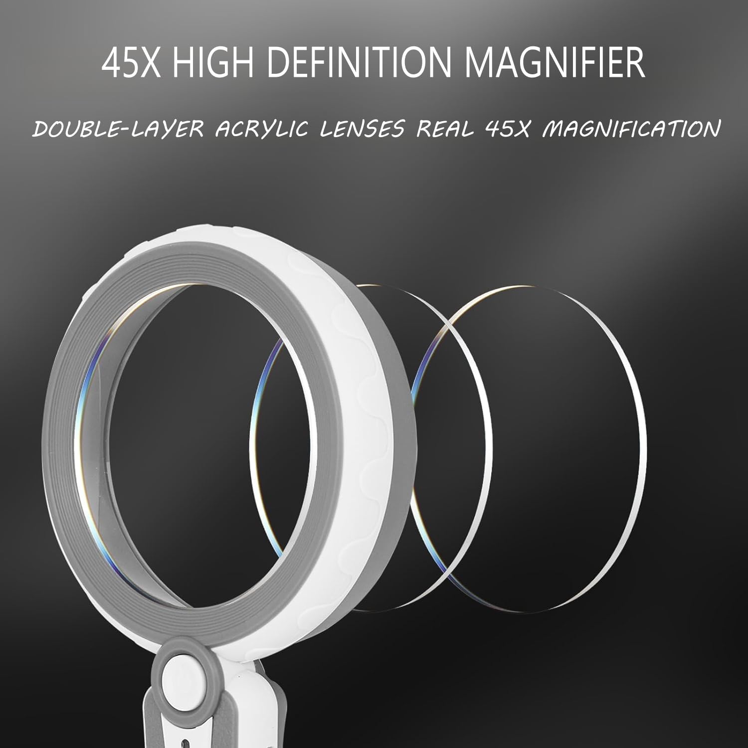 Lupa 45X con luz, lupa recargable grande para lectura | Lentes acrílicas dobles de 4.6 pulgadas • Batería de 1200 mAh • 6 modos de iluminación • Brillo ajustable • Diseño ergonómico