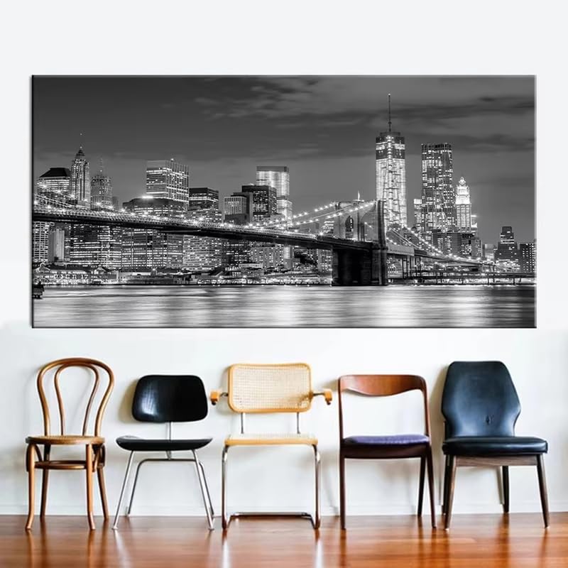 Lienzo impreso de Nueva York y Río de Janeiro: cuadro de paisaje urbano nocturno de 30x60cm