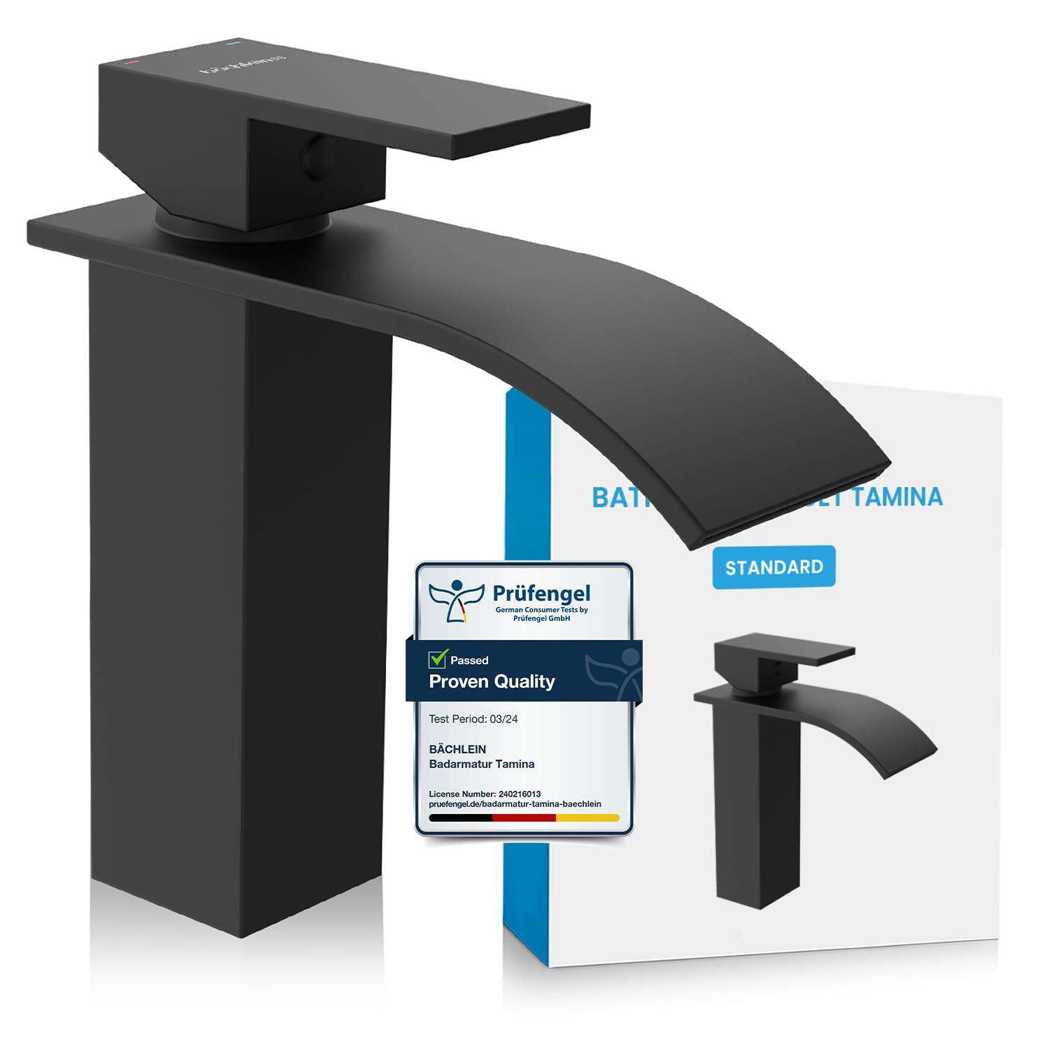 Bächlein Bathroom Tap Tamina in Waterfall Design, Single-Lever Mixer with Durable Ceramic Cartridge and Installation Set, Matt Black Bathroom Faucet