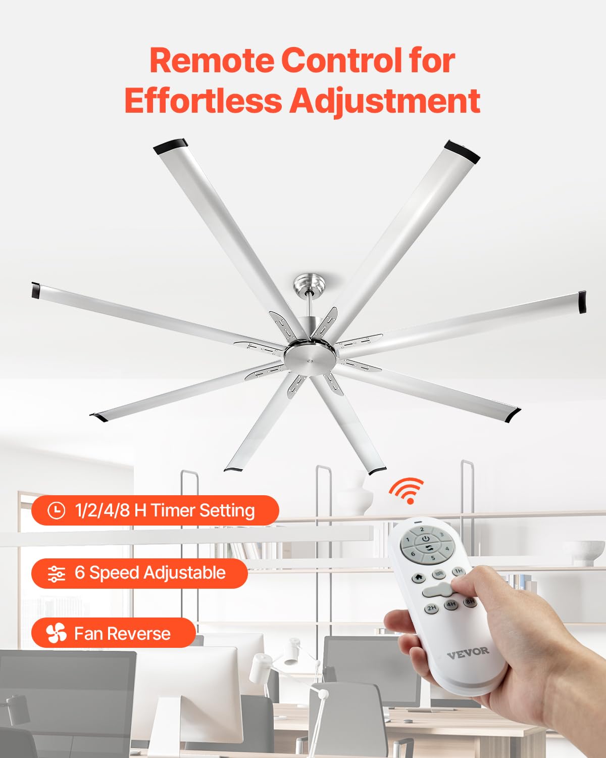 VEVOR Ventilateur de Plafond sans Lumière 214 cm Télécommande 6 Vitesses 8 Pales Aluminium, Moteur CC Réversible, Ventilateur Moderne pour Chambre à Coucher, Salon, Intérieur, Extérieur, Nickel Brossé