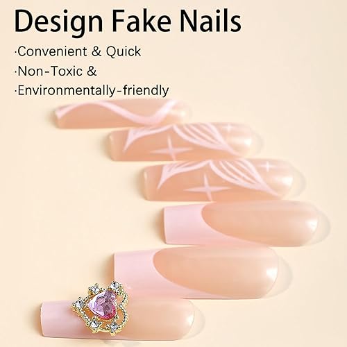 Miniatura 9 de 24 uñas postizas a presión largas tipo ataúd rosa nude, uñas postizas francesas brillantes con diseños de diamantes de imitación en forma de