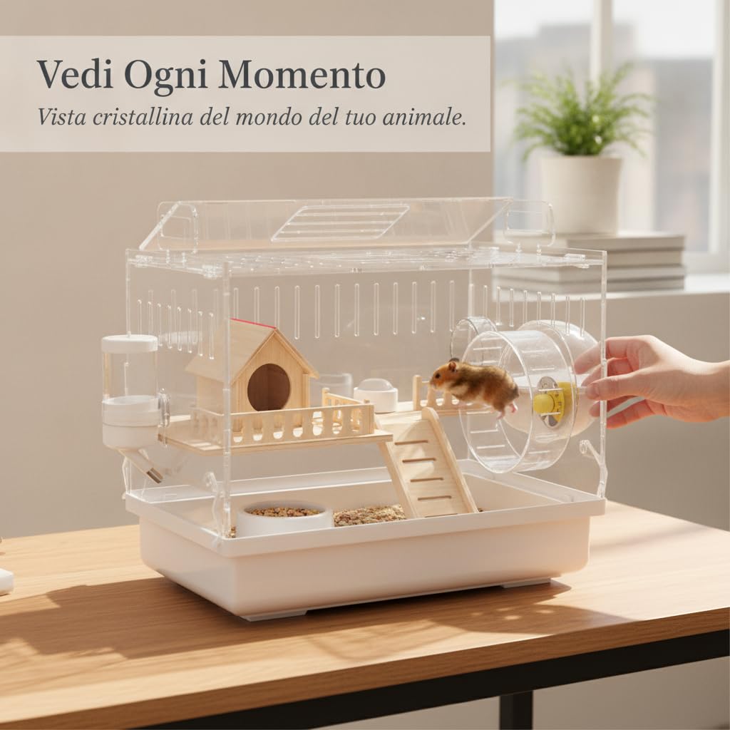 Gabbia per Criceti Trasparente 2 Piani, Struttura in acrilico, Gabbia per roditori, Modello con tubi trasparenti e casetta in legno da 45 cm