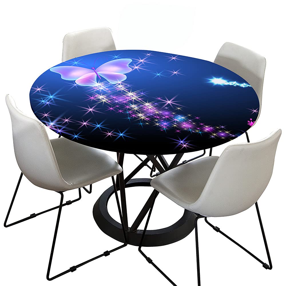 Treer-Shop Shining Round Tablecloth Fitted Elastic 3D Table Cloth, Treer Waterproof Dust-Proof Wipeable Polyester Table Cover Elastic Edge Butterfly Print Tablecloths For Kitchen Party Outdoors (,Round 90Cm)