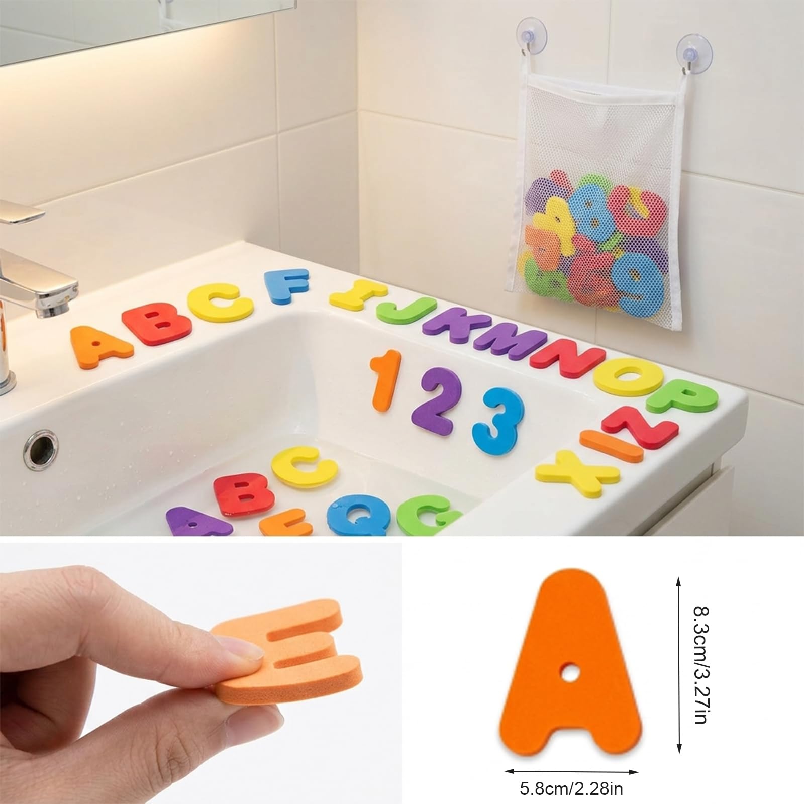 37 PCS Bath Letters and Numbers with Mesh Storage Bag, Foam Bath Toys for Toddlers, Stick on Wall Alphabet Learning Toys, Sensory Educational Bath Toys, Kids Baby Bath Toy Set — view 2