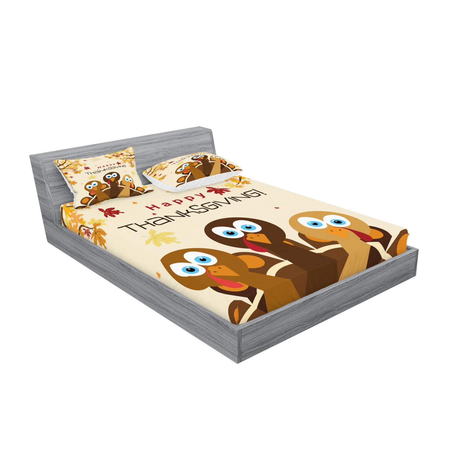 Ambesonne Turkey Fitted Sheet & Pillow Sham Set, Happy Thanksgiving Falling Leaves and Poultry Birds Harvest Time Celebration, Decorative Printed 3 Piece Bedding Decor Set, Calking, Brown Cream