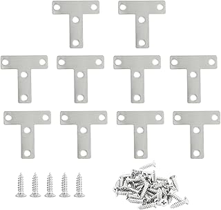 Hordion 10Pcs 2 x 2 Inch T Bracket Corner Brace (50 X 50mm), Stainless Steel Flat Corner Bracket Heavy Duty, Metal T Shaped Bracket Support Brace, Right Angle Bracket Repair Plates with Screws