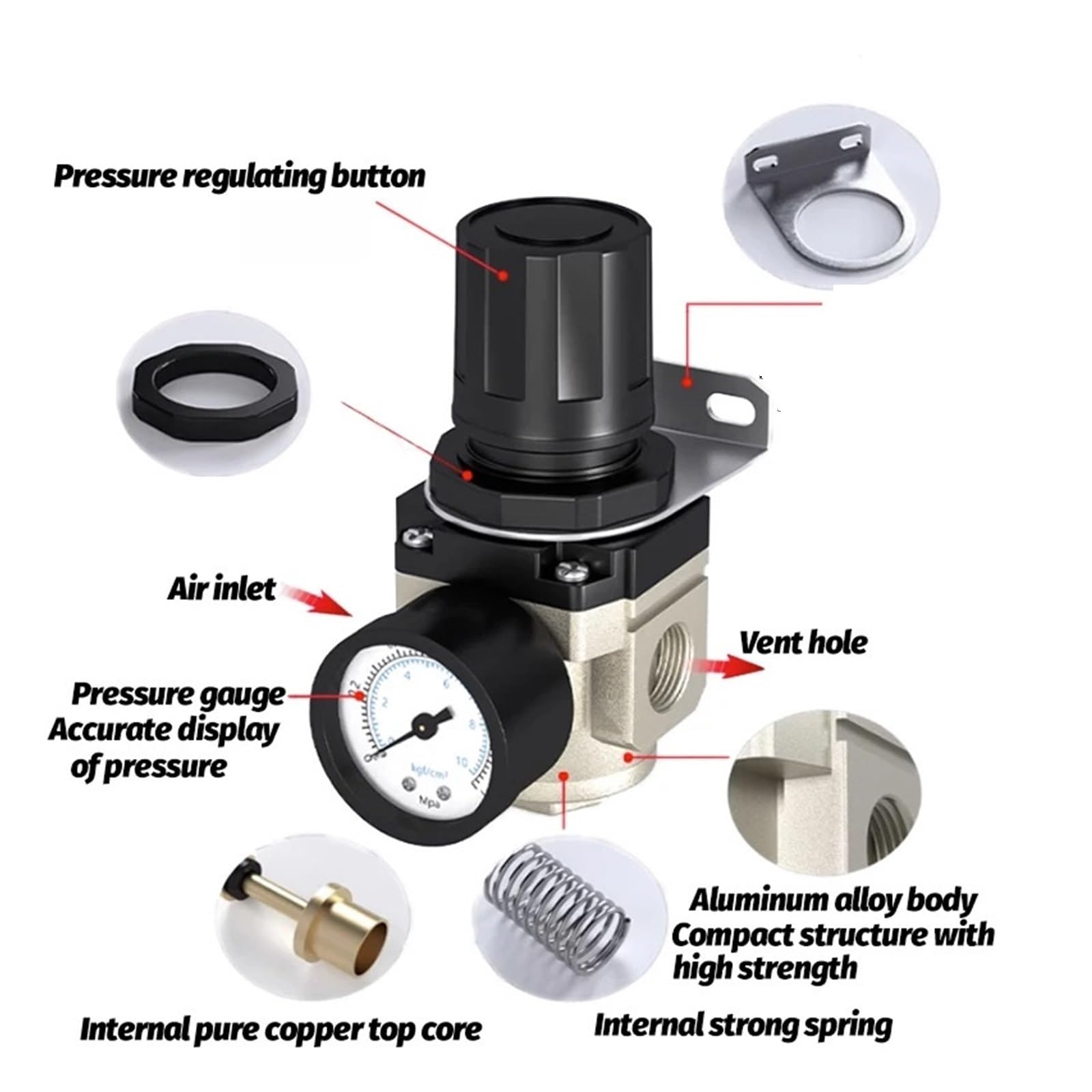 AR2000 G1/4 Mini regolatore di pressione aria Valvola di riduzione pneumatica regolabile con manometro for compressore AR3000-03 AR4000-04(AR4000-06)