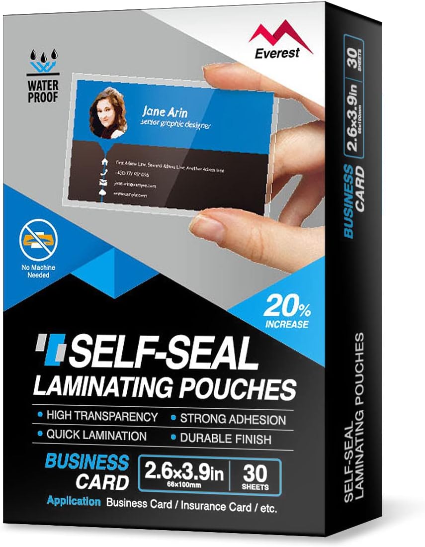 Everest Self Adhesive Laminating Pouches, Self Sealing Pouches for Cards, Waterproof, 2.6 x 3.9