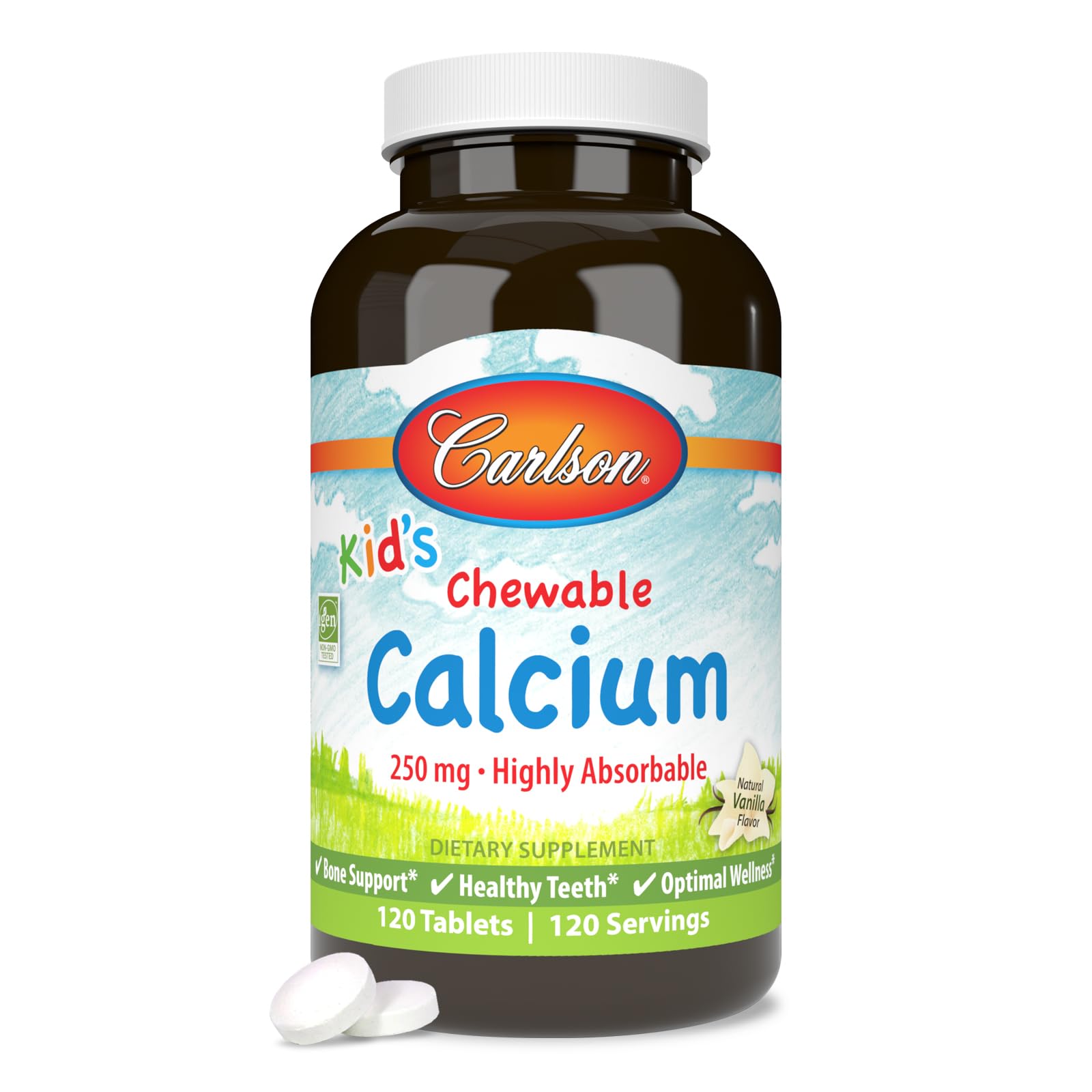 Carlson Kid's Chewable Calcium, 250 mg, Bone Support, 120 Chewable Tablets Vanilla 120 Count (Pack of 1)