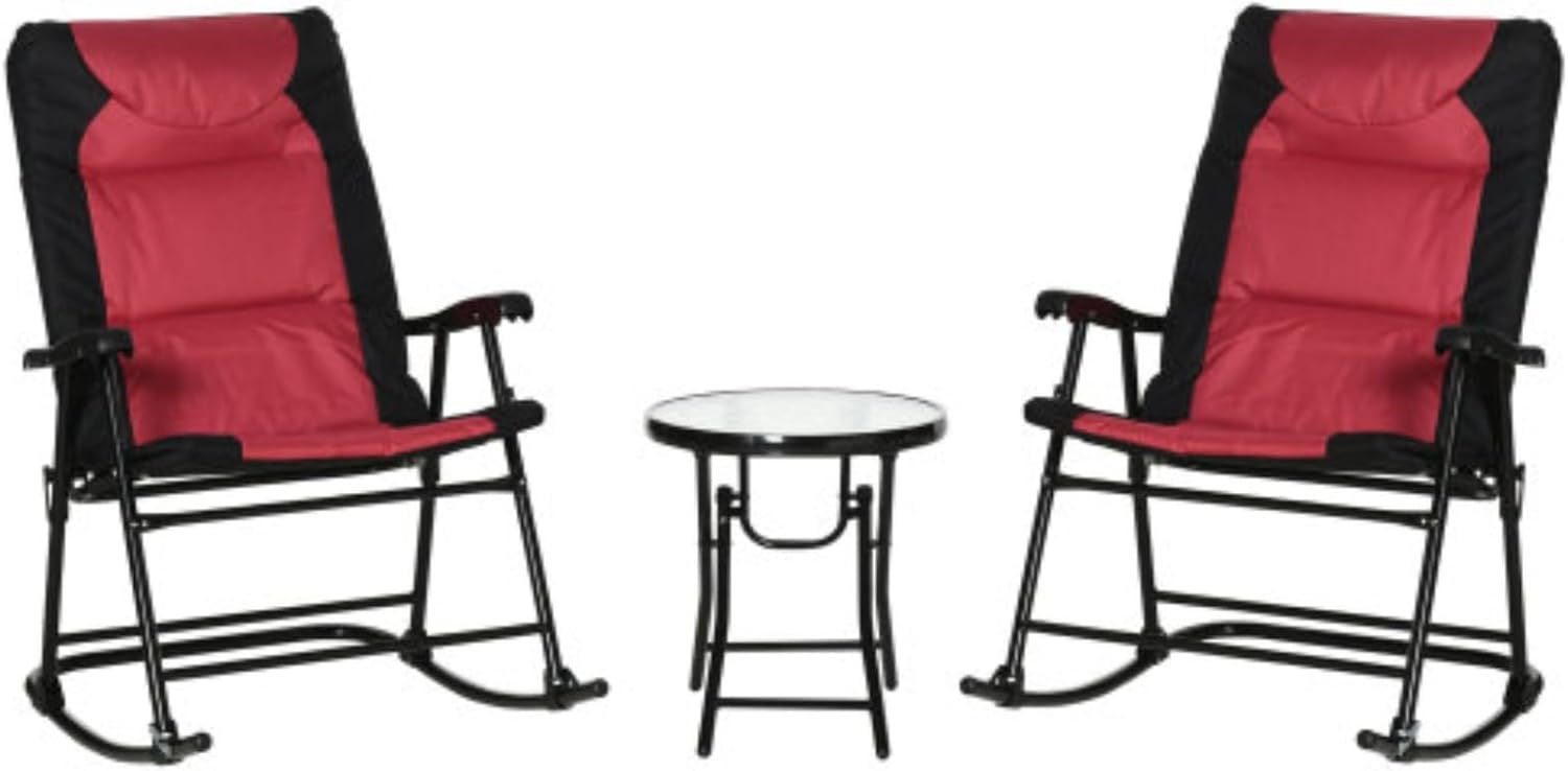 3 Piece Outdoor Patio Set with Glass Coffee Table & 2 Folding Padded Rocking Chairs, Bistro Style for Porch, Camping, Balcony, Poolside, Red