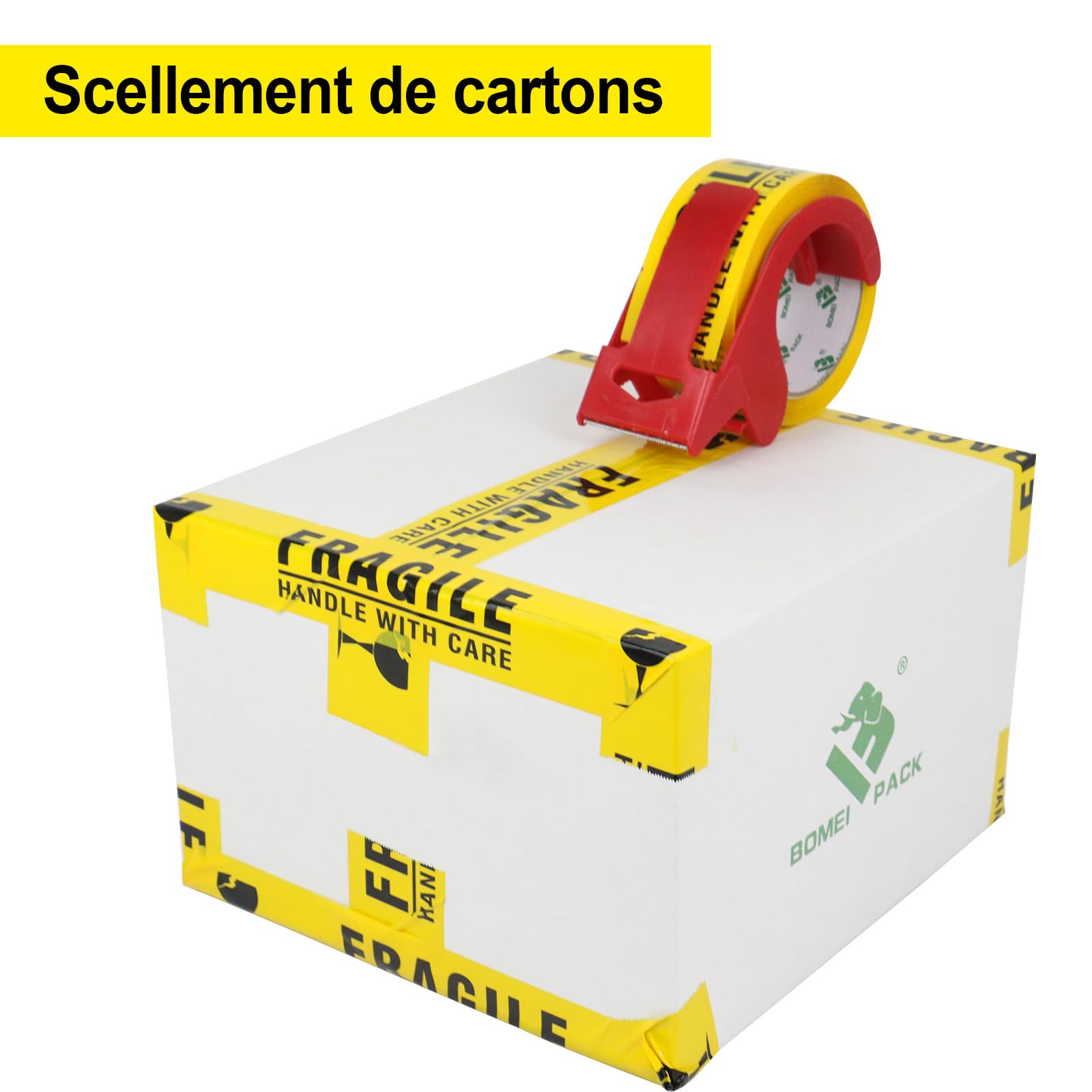 BOMEI PACK FRAGILE Jaune Ruban d’emballage sécurité 66m x 48mm–6 rouleaux avec dévidoir Adhésif fort pour colis, entrepôt, e-commerce