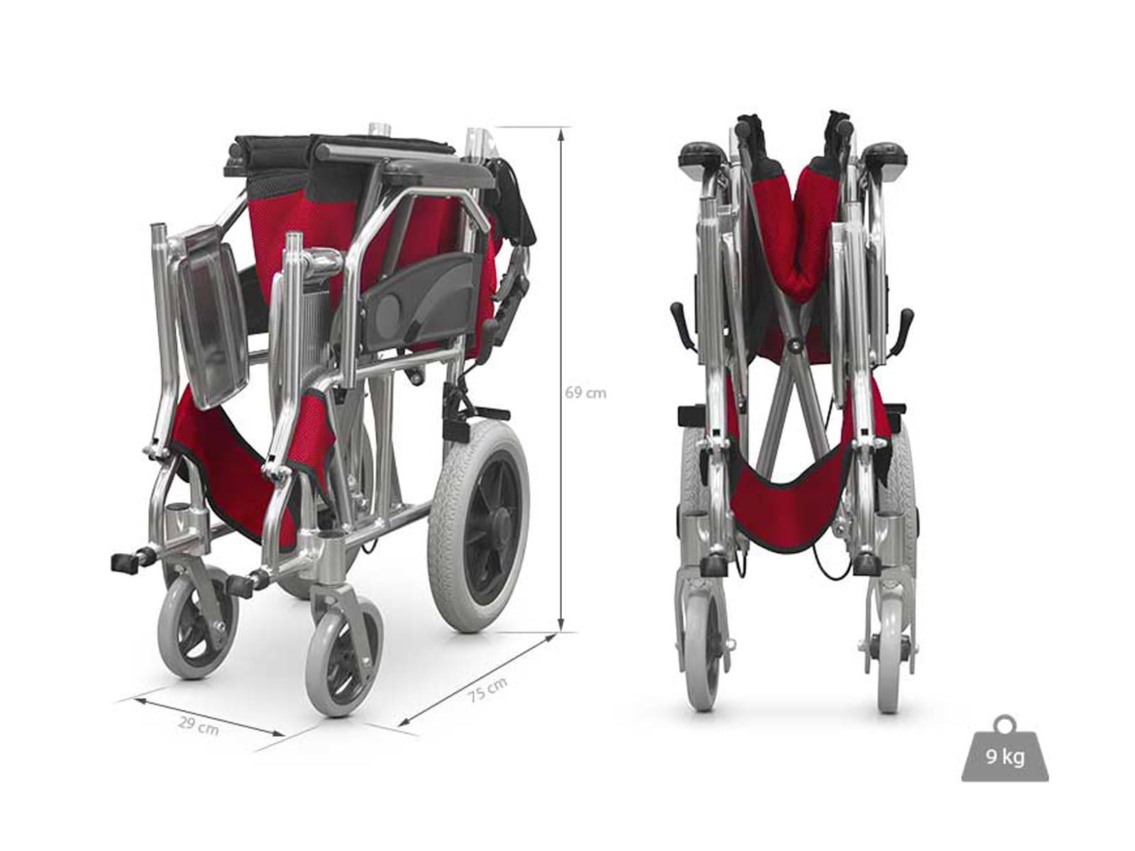 QUIRUMED Silla de ruedas plegable para traslado, Estructura de aluminio, Ultraligera, Frenos de acompañante, Plegado Compacto, Ortopédica, Para minusválidos